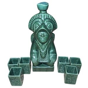 Vtg Kahlua Mayan Aztec Warrior Decanter Green 6 Shot Glass Set MCM Barware Rare
